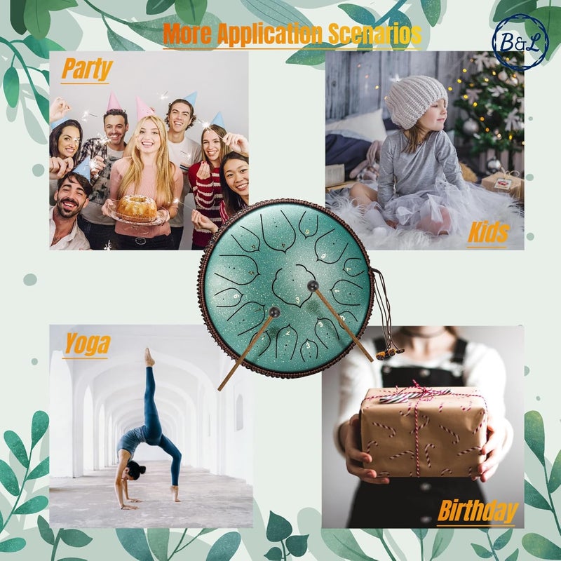 BURNING&LIN Steel Tongue Drum 14 Inches 15 Notes Hand Pan Drum Rain Drum Percussion for Meditation Yoga Musical Education for Adult& Kids(Lotus Green) - Image 5